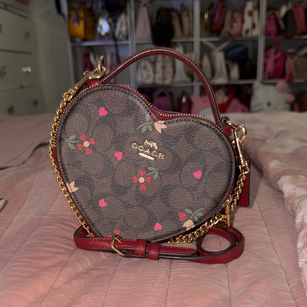 COACH Heart-Shaped Signature Floral Crossbody - Brown/Red/Pink